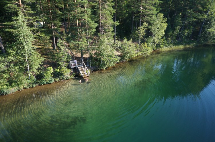 En trappa i trä som leder från skogen till vattnet vid en sjö. 